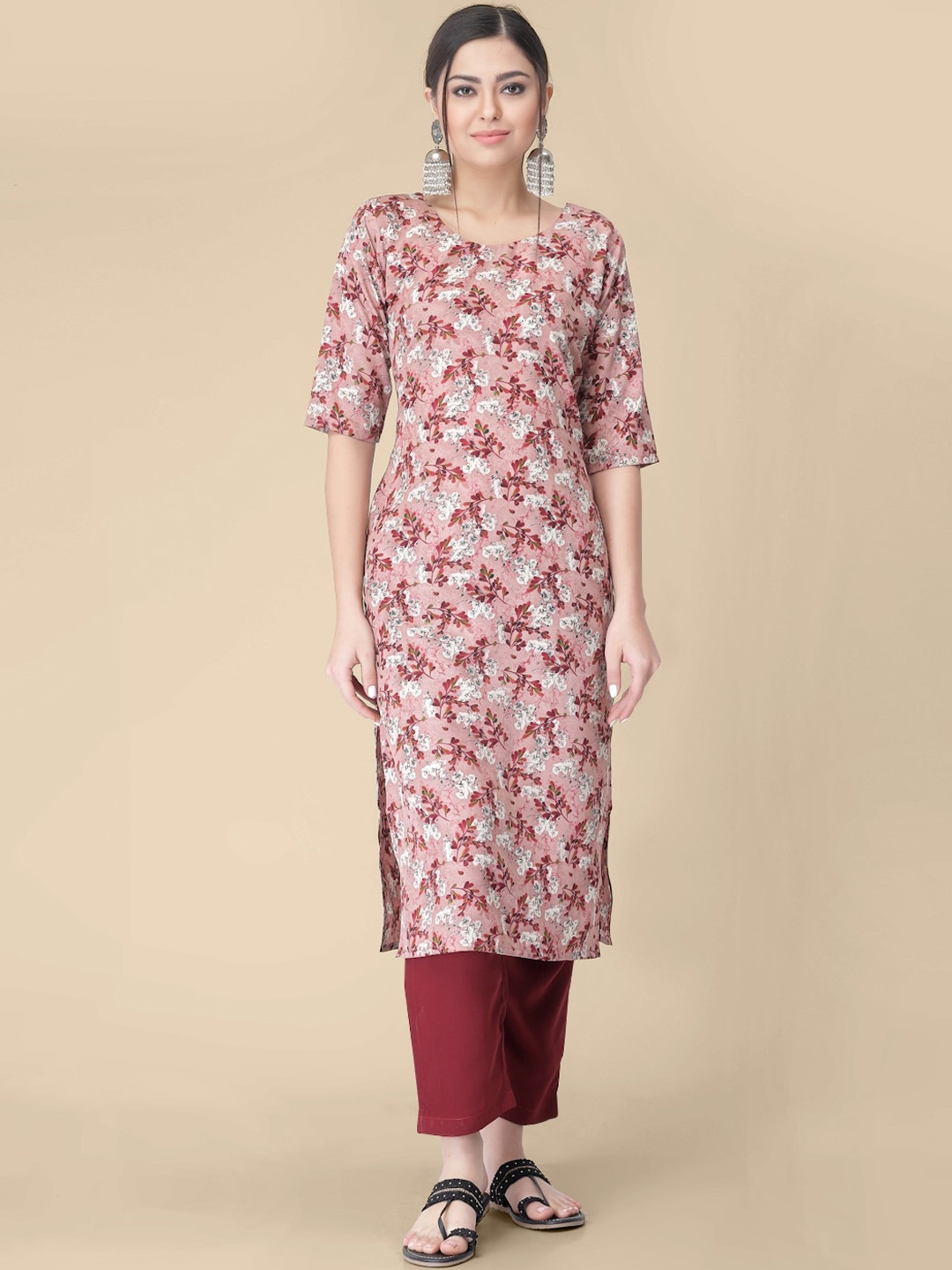 

7Threads Floral Printed Regular Kurta with Trousers, Pink