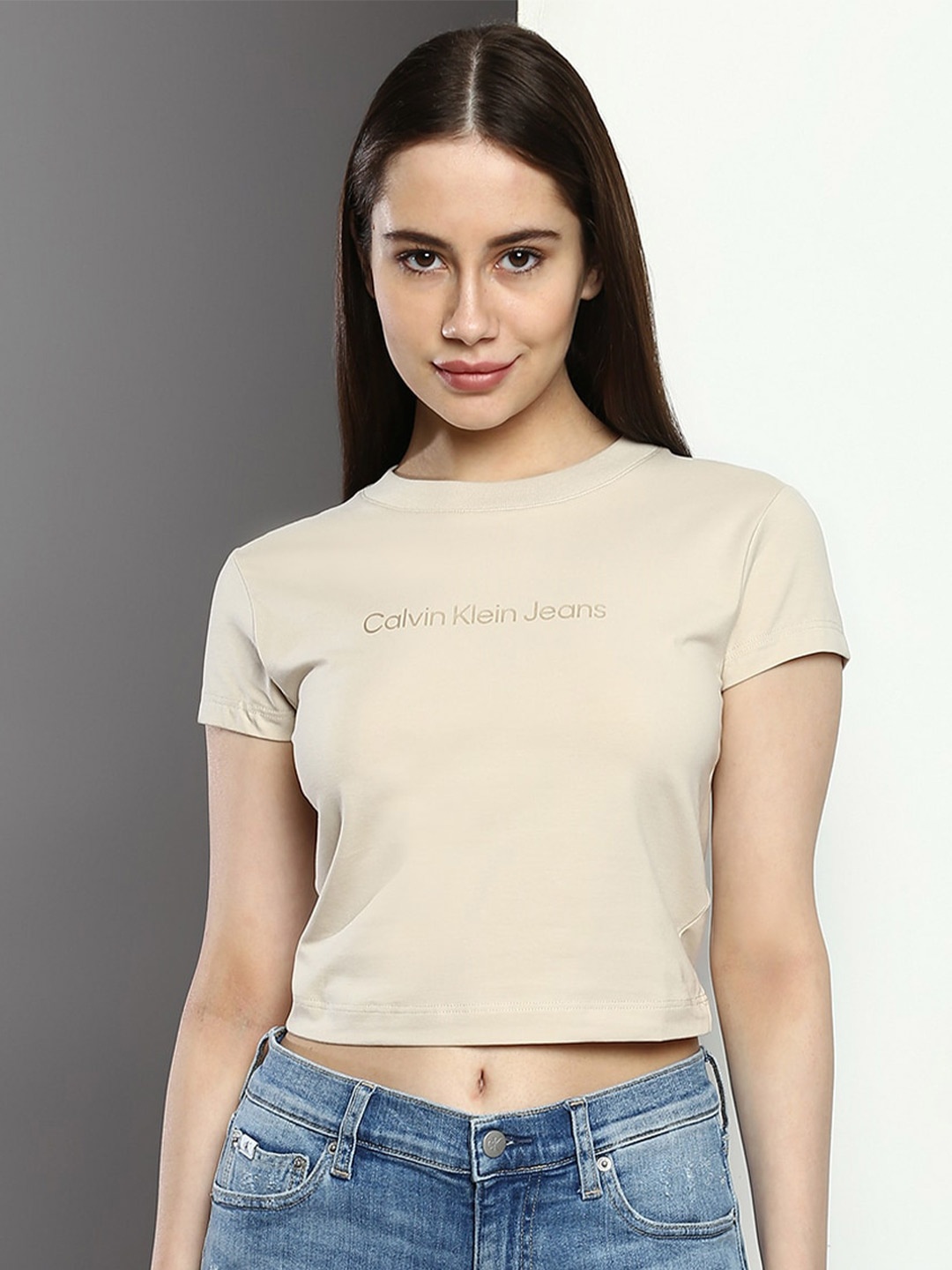 

Calvin Klein Jeans Brand Logo Printed Cotton T-shirt, Beige