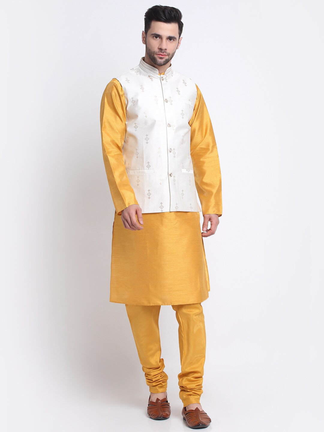 

KRAFT INDIA Mandarin Collar Kurta with Churidar With Self Design Nehru Jacket, Mustard