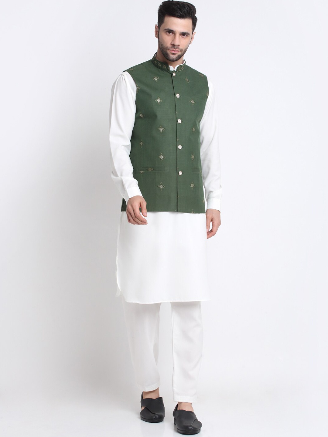 

KRAFT INDIA Mandarin Collar Kurta with Salwar With Embroidered Nehru Jacket, White