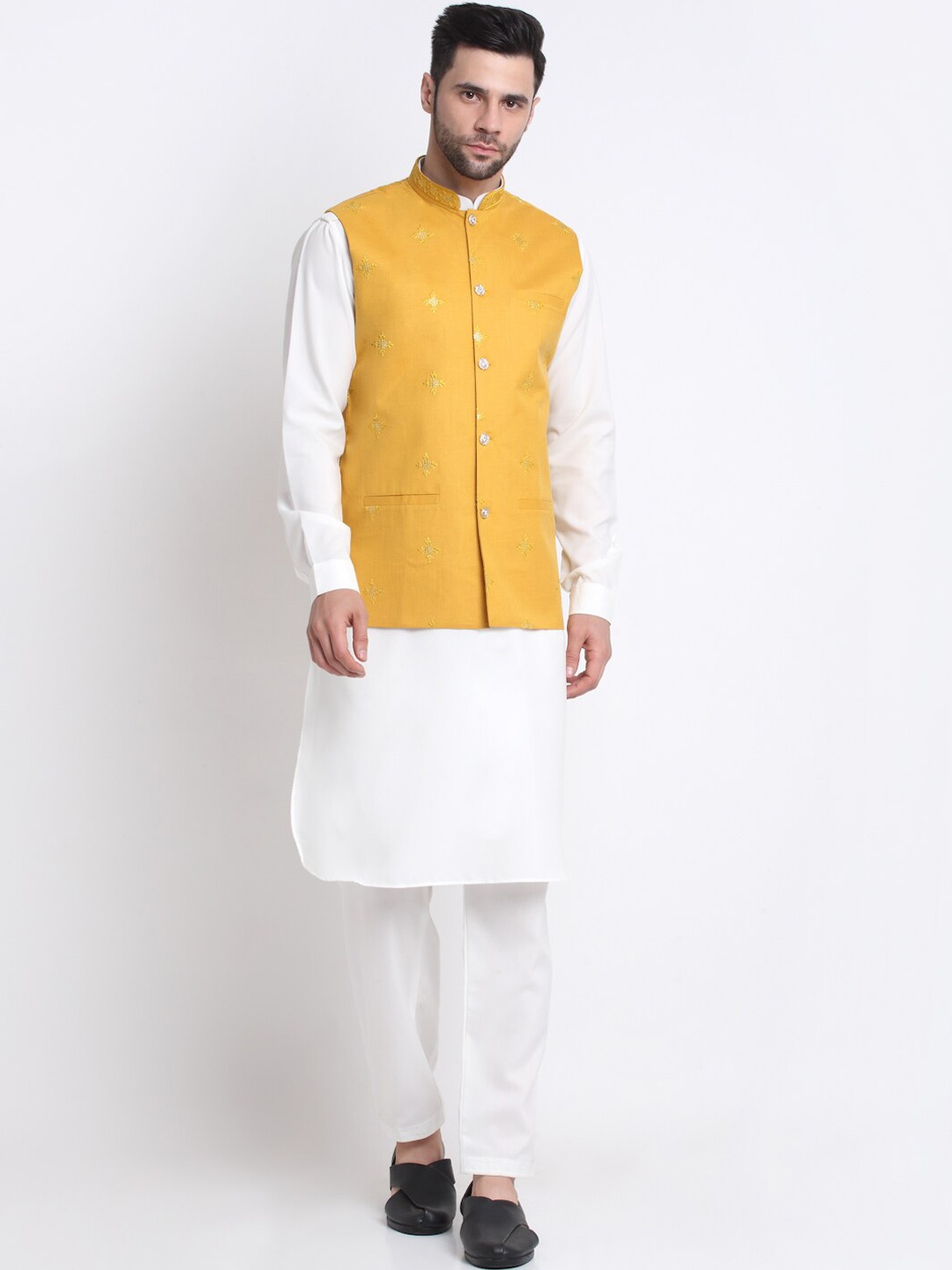 

KRAFT INDIA Mandarin Collar Kurta with Salwar With Embroidered Nehru Jacket, White