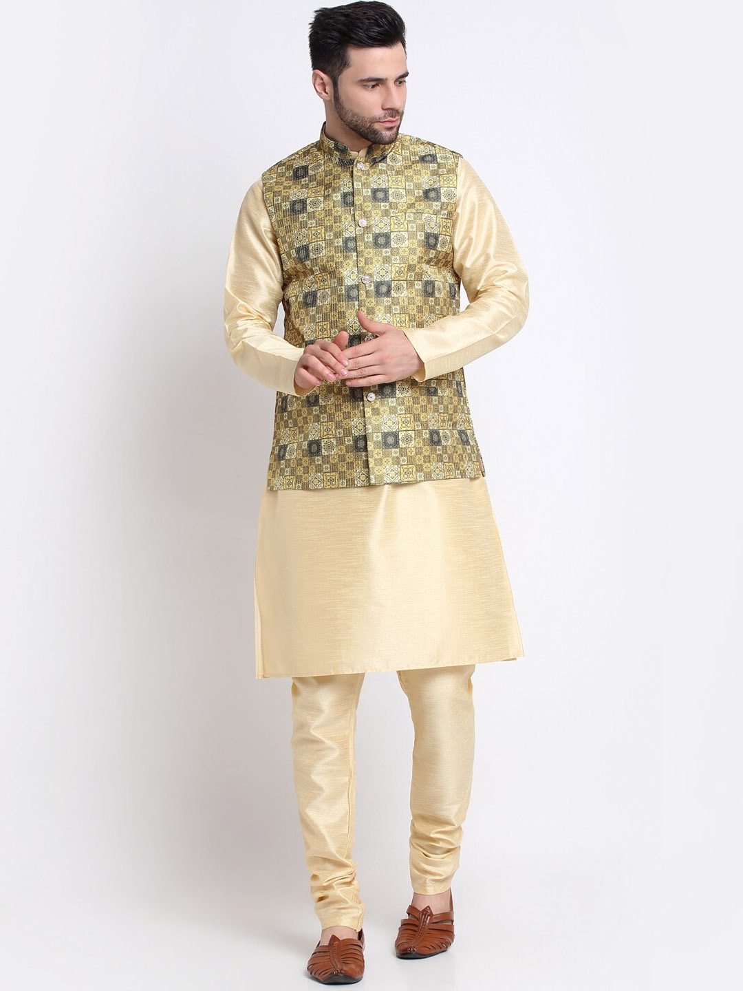 

KRAFT INDIA Mandarin Collar Regular Kurta with Churidar With Printed Nehru Jacket, Beige
