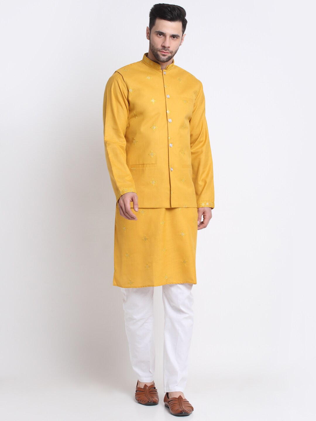 

KRAFT INDIA Ethnic Motifs Embroidered Sequined Kurta with Trousers & Nehru Jacket, Mustard