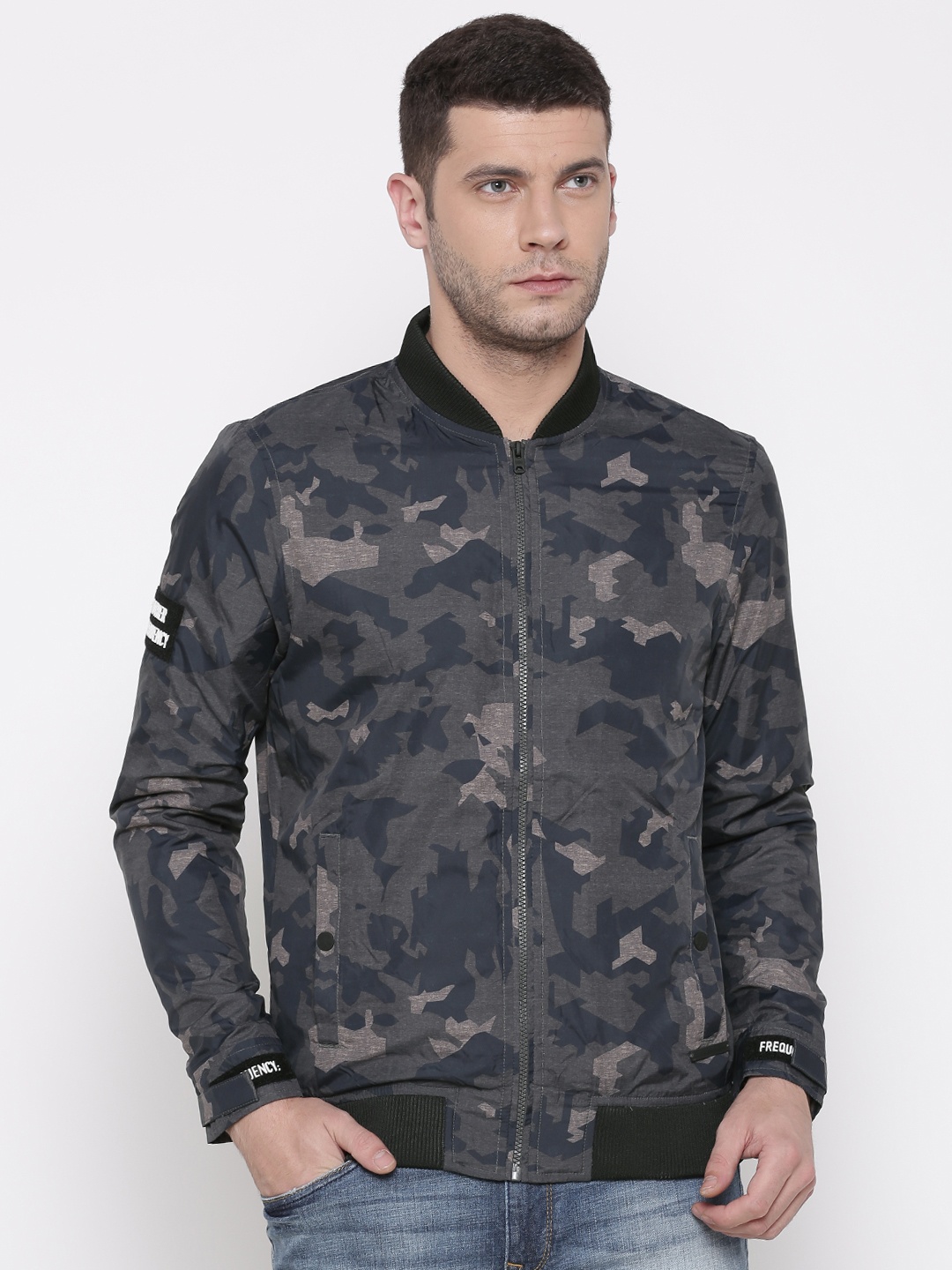 

Jack & Jones Men Grey & Navy Printed Bomber Jacket