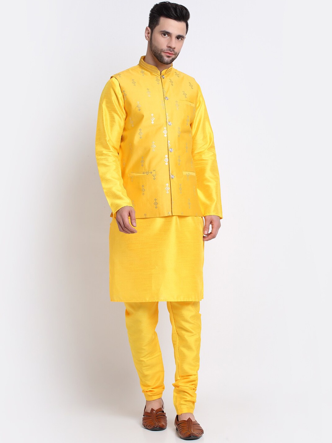 

KRAFT INDIA Mandarin Collar Sequined Kurta with Churidar & Nehru Jacket, Yellow