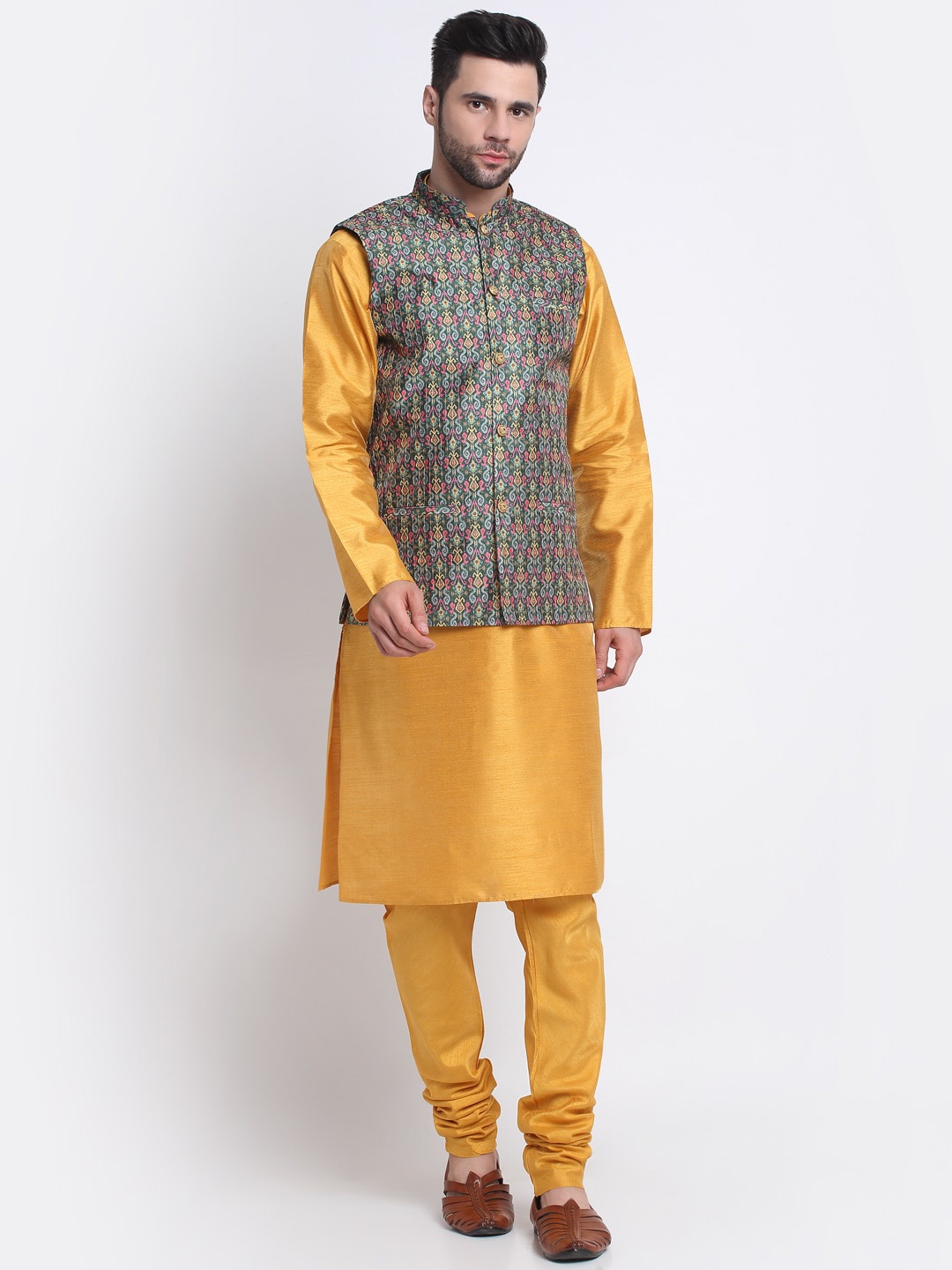 

KRAFT INDIA Mandarin Collar Kurta with Churidar & Nehru Jacket, Mustard