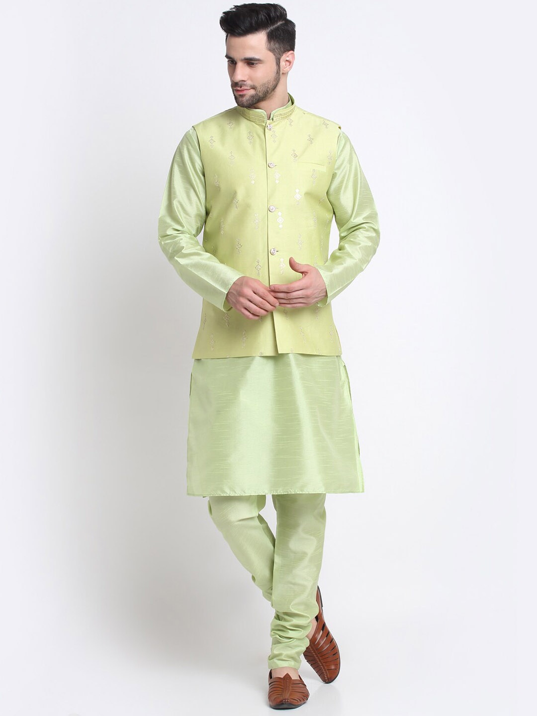 

KRAFT INDIA Mandarin Collar Sequined Kurta with Churidar & Nehru Jacket, Green