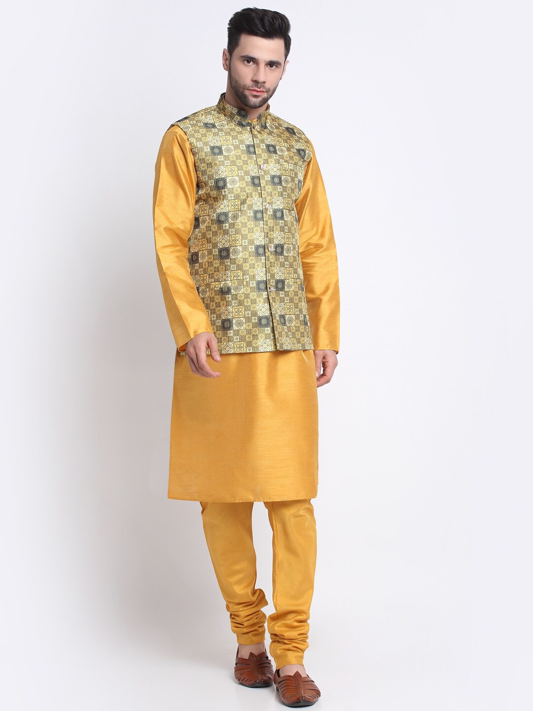 

KRAFT INDIA Mandarin Collar Kurta with Churidar & Nehru Jacket, Mustard