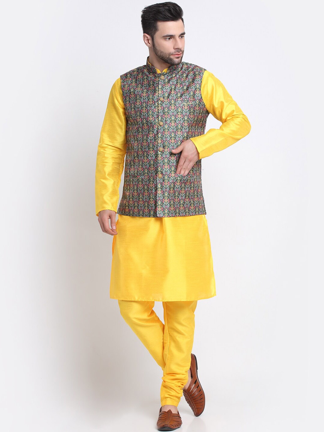 

KRAFT INDIA Mandarin Collar Kurta with Churidar & Nehru Jacket, Yellow
