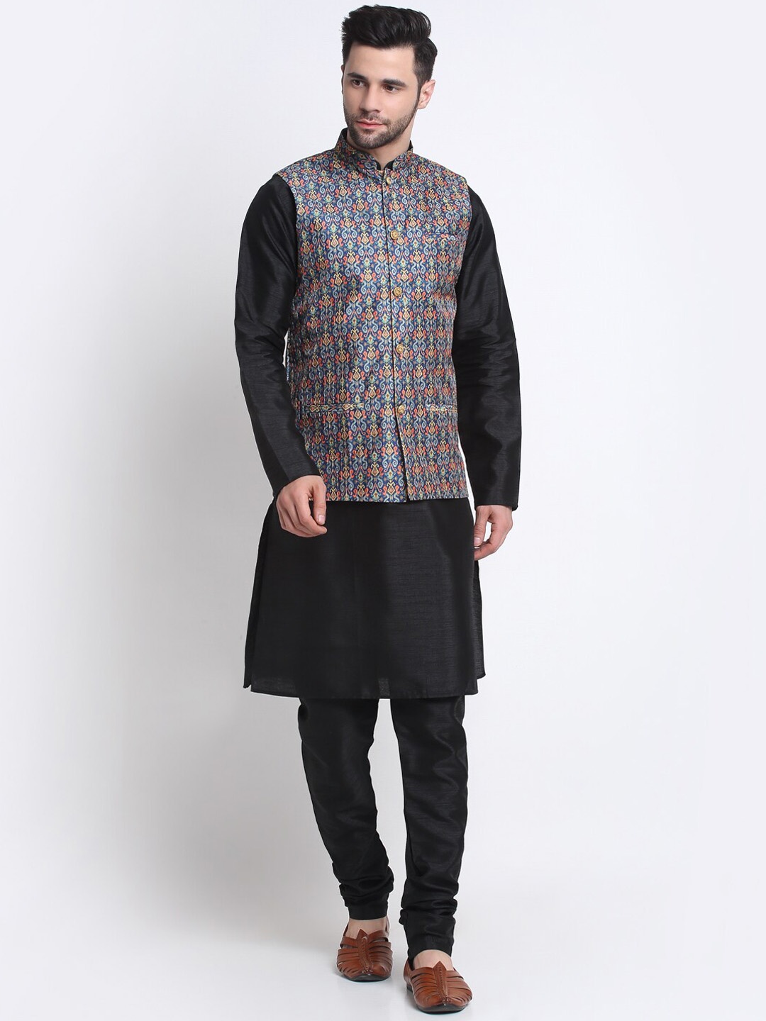 

KRAFT INDIA Mandarin Collar Kurta with Churidar & Nehru Jacket, Black