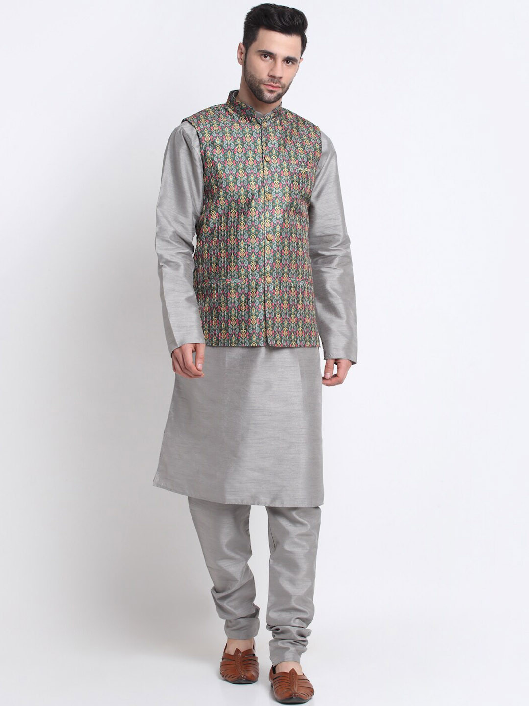 

KRAFT INDIA Mandarin Collar Kurta with Churidar & Nehru Jacket, Grey