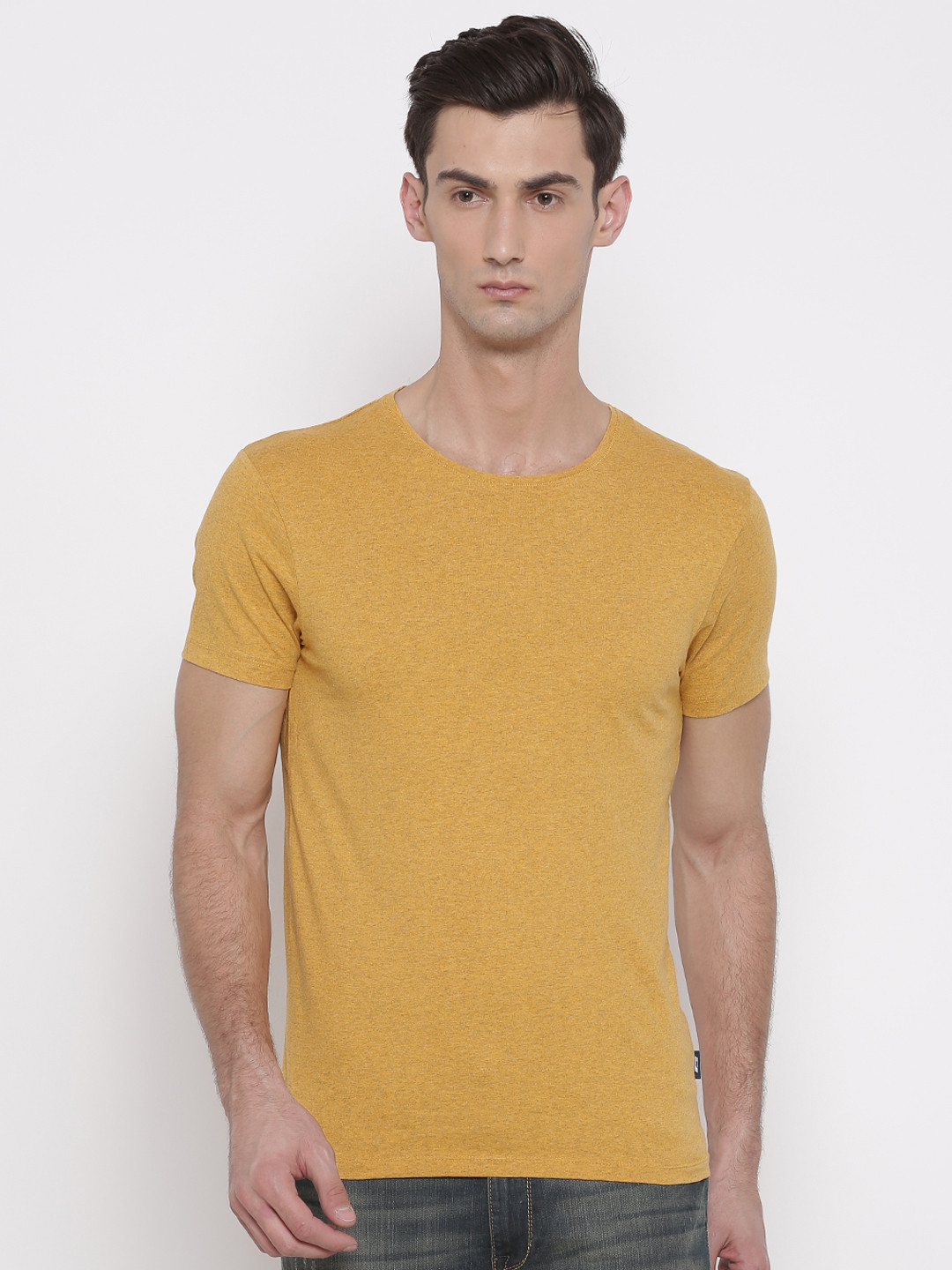

Jack Jones Men Mustard Yellow Round Neck Pure Cotton T-shirt