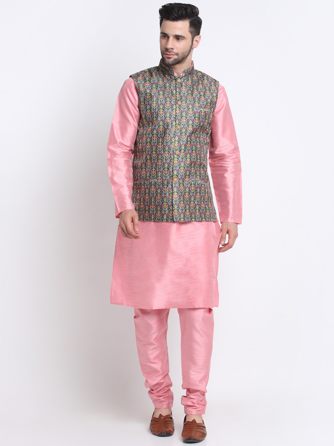 

KRAFT INDIA Mandarin Collar Kurta with Churidar & Nehru Jacket, Pink