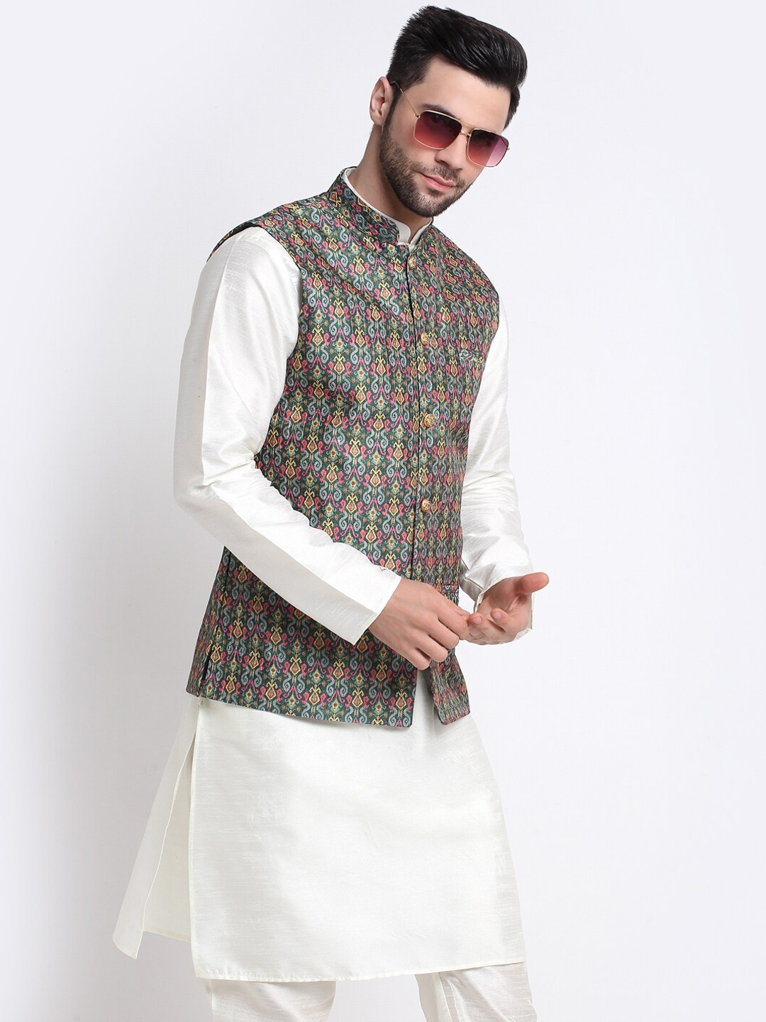 

KRAFT INDIA Mandarin Collar Kurta with Churidar & Nehru Jacket, Off white