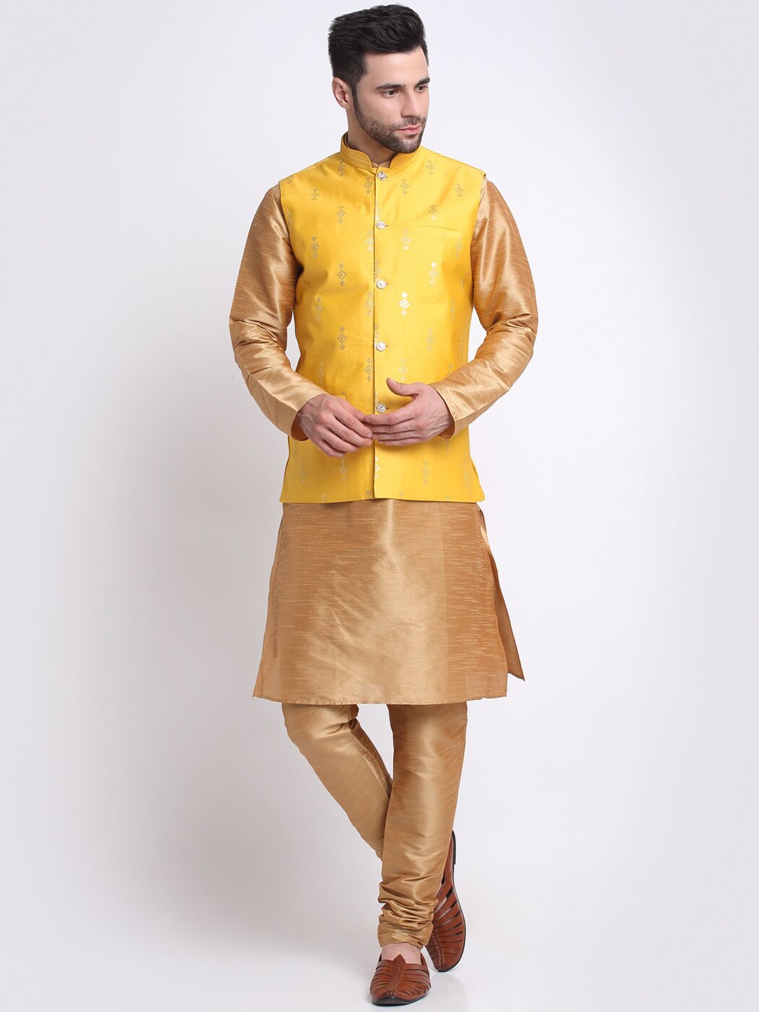 

KRAFT INDIA Mandarin Collar Kurta with Churidar & Nehru Jacket, Gold