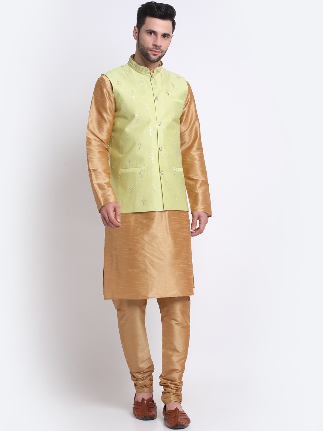 

KRAFT INDIA Mandarin Collar Kurta with Churidar & Nehru Jacket, Gold