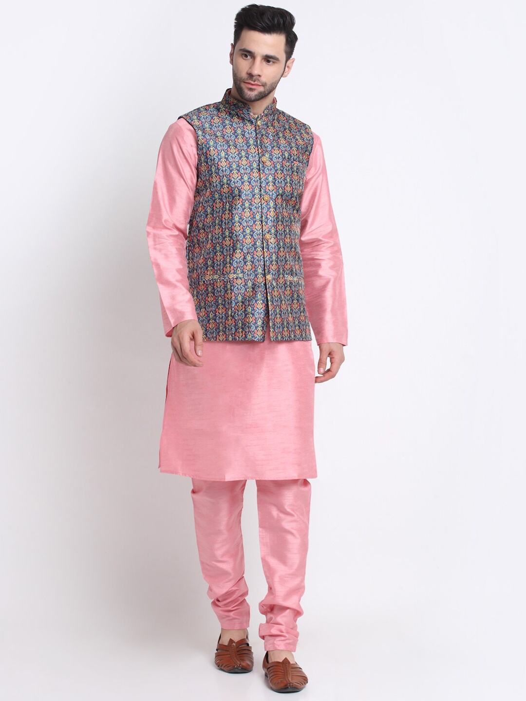 

KRAFT INDIA Mandarin Collar Kurta with Churidar & Nehru Jacket, Pink