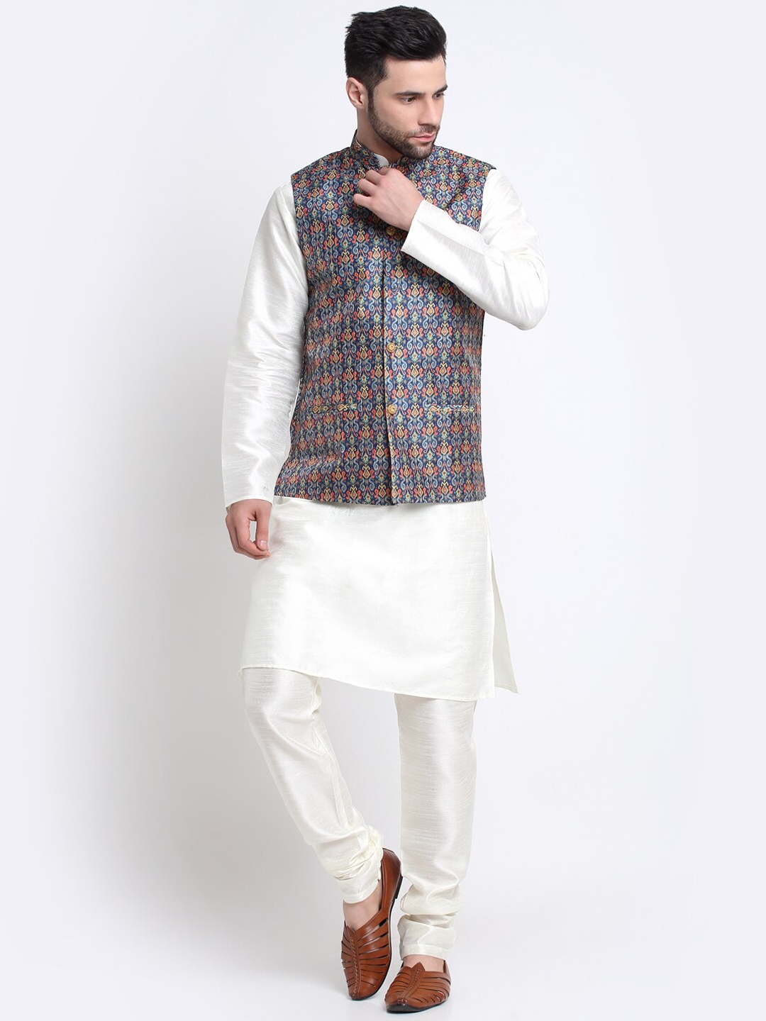 

KRAFT INDIA Mandarin Collar Kurta with Churidar & Nehru Jacket, White
