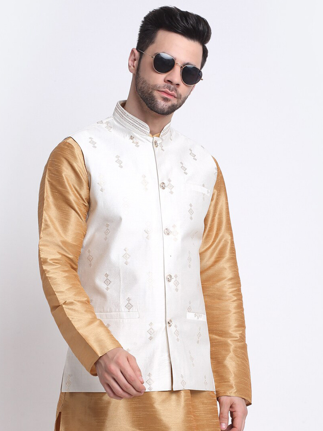 

KRAFT INDIA Mandarin Collar Kurta with Churidar & Nehru Jacket, Gold