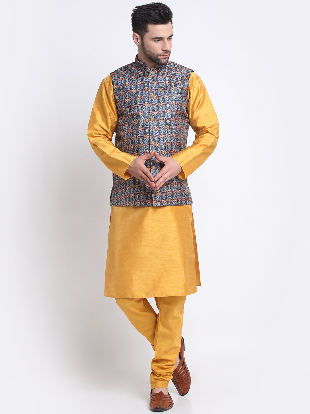 

KRAFT INDIA Mandarin Collar Kurta with Churidar & Nehru Jacket, Mustard