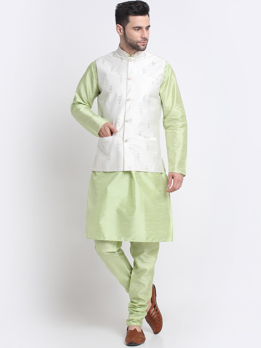 

KRAFT INDIA Mandarin Collar Kurta with Churidar & Nehru Jacket, Sea green