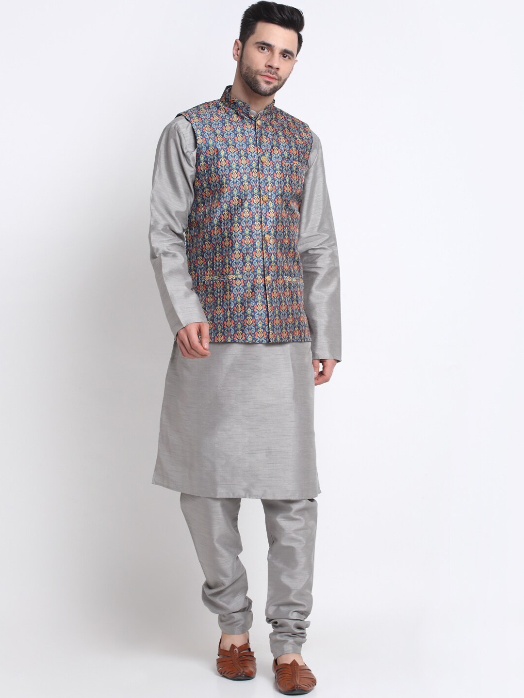 

KRAFT INDIA Mandarin Collar Kurta with Churidar & Nehru Jacket, Grey