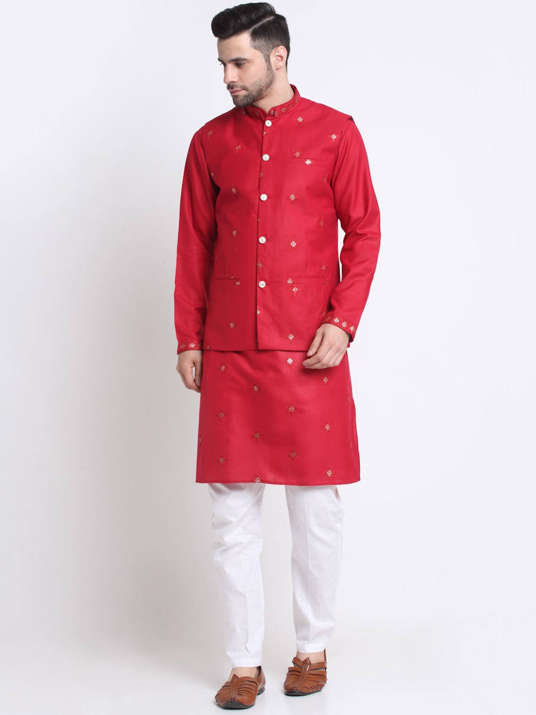 

KRAFT INDIA Ethnic Motifs Embroidered Sequined Kurta with Trousers & Nehru Jacket, Red