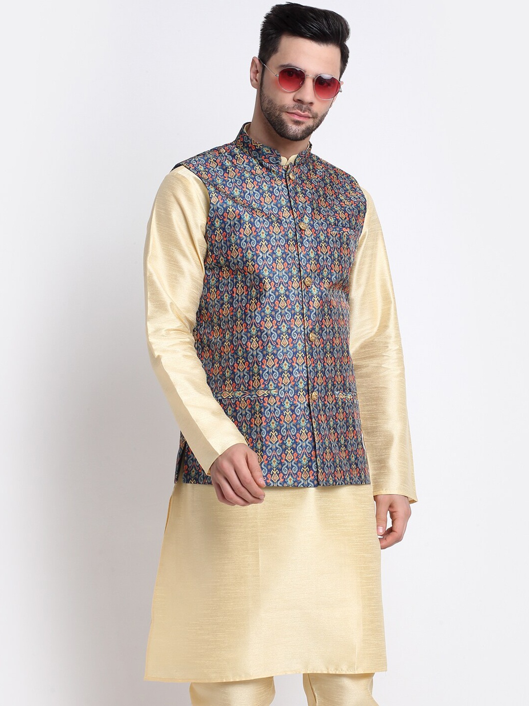

KRAFT INDIA Mandarin Collar Kurta with Churidar & Nehru Jacket, Beige