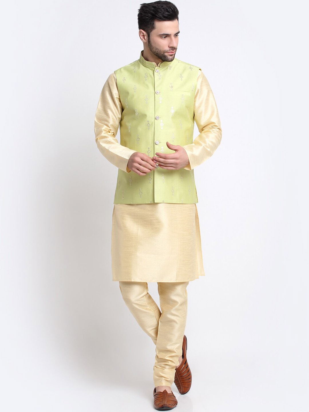 

KRAFT INDIA Mandarin Collar Kurta with Churidar & Nehru Jacket, Beige