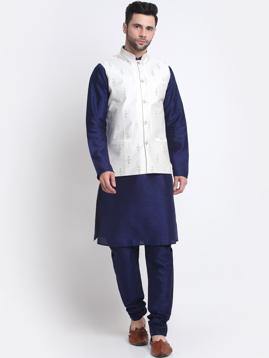 

KRAFT INDIA Mandarin Collar Kurta with Churidar & Nehru Jacket, Navy blue