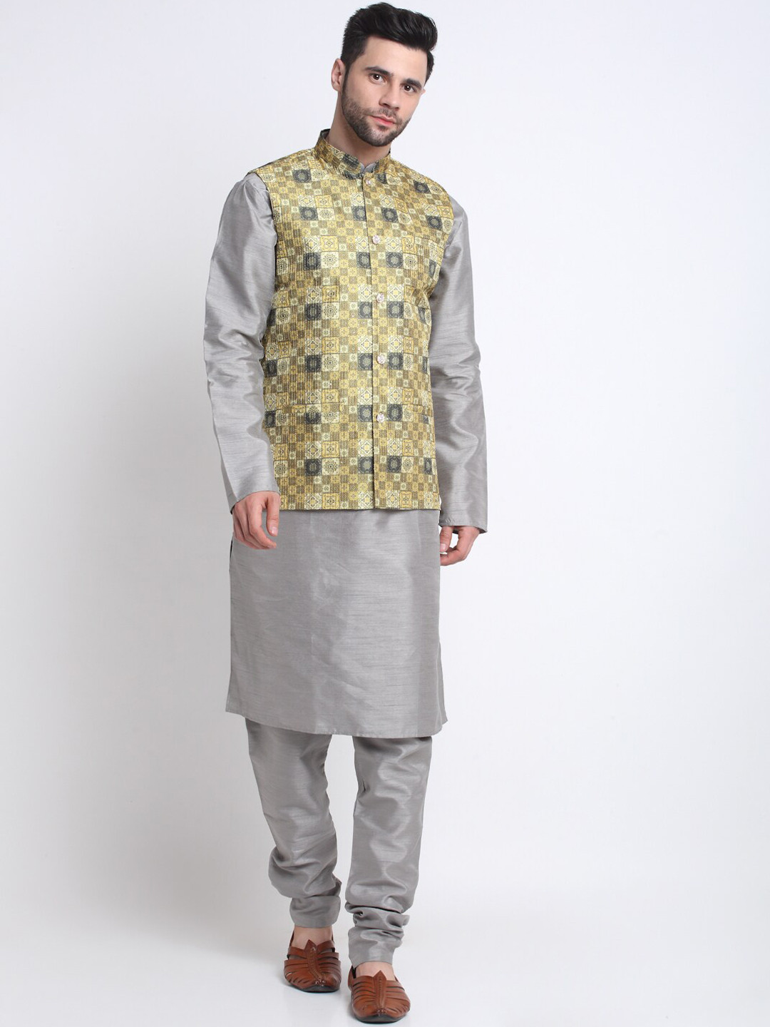 

KRAFT INDIA Mandarin Collar Kurta with Churidar & Nehru Jacket, Silver