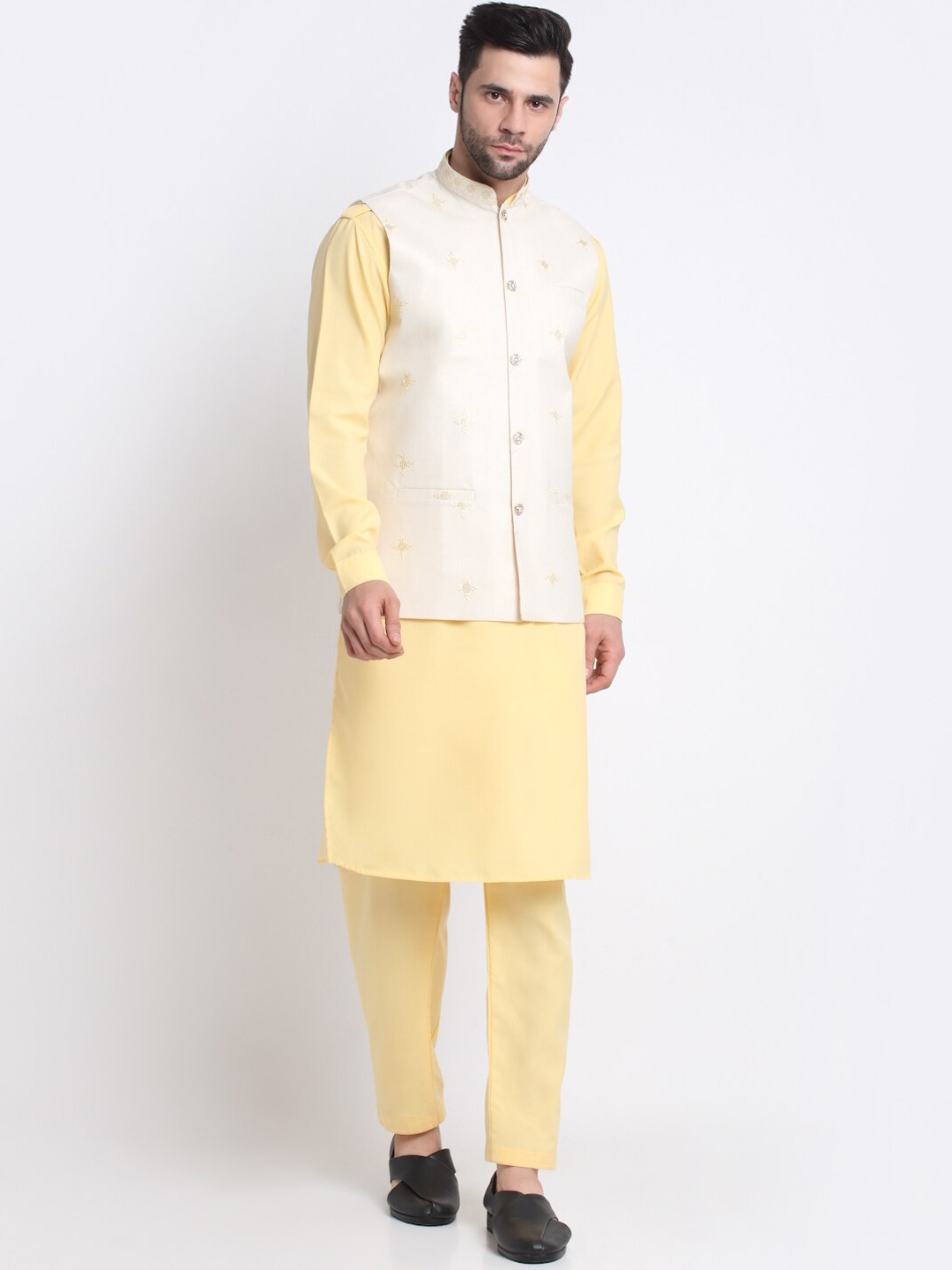 

KRAFT INDIA Mandarin Collar Kurta with Pyjamas & Nehru Jacket, Yellow