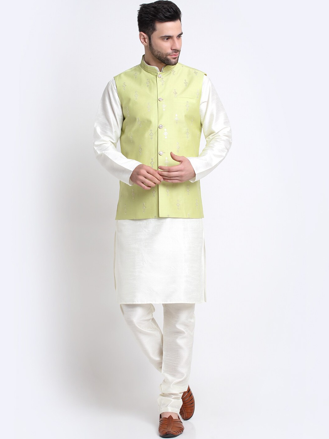 

KRAFT INDIA Mandarin Collar Kurta with Churidar & Nehru Jacket, Cream