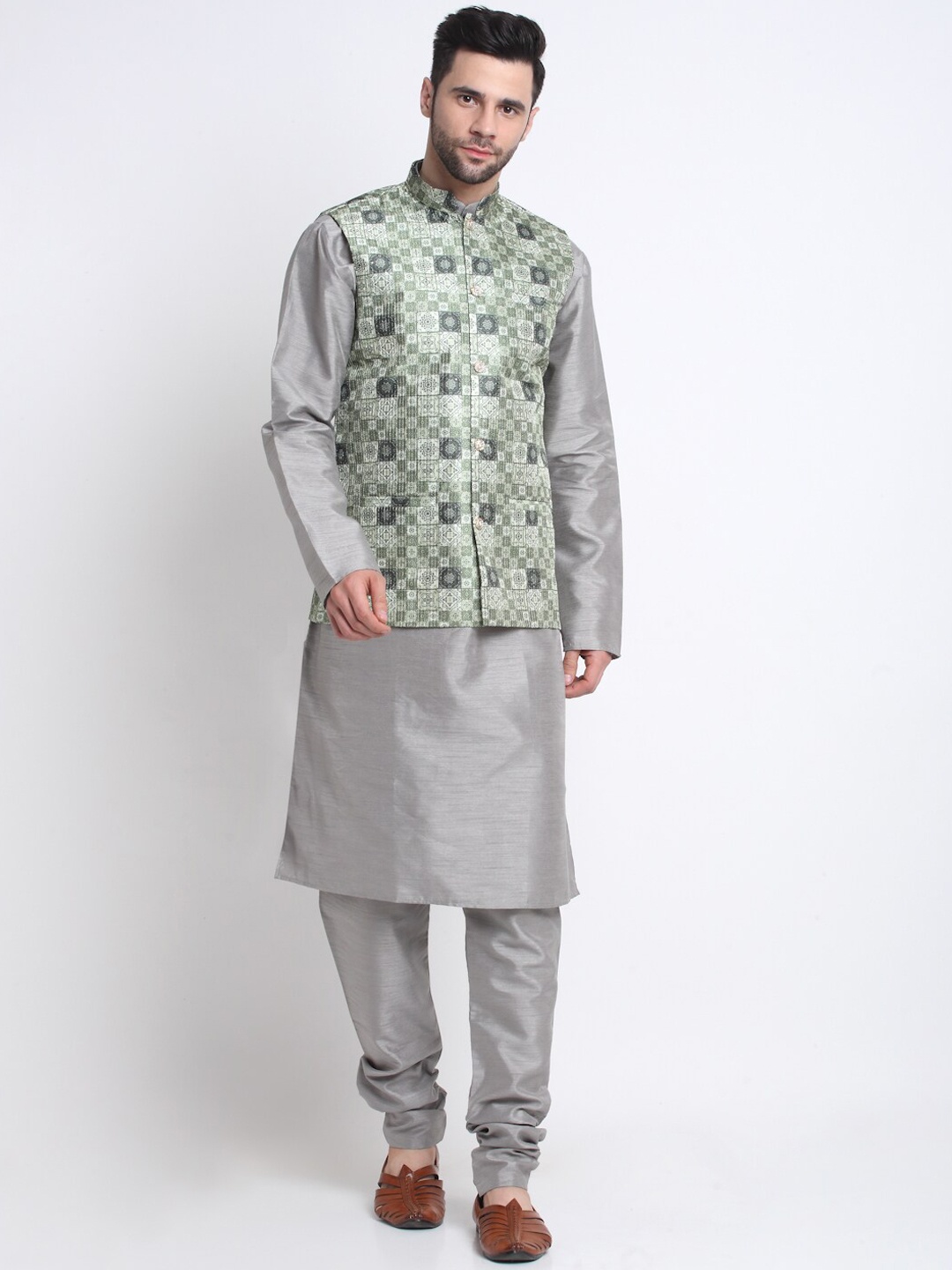 

KRAFT INDIA Mandarin Collar Kurta with Churidar & Nehru Jacket, Silver