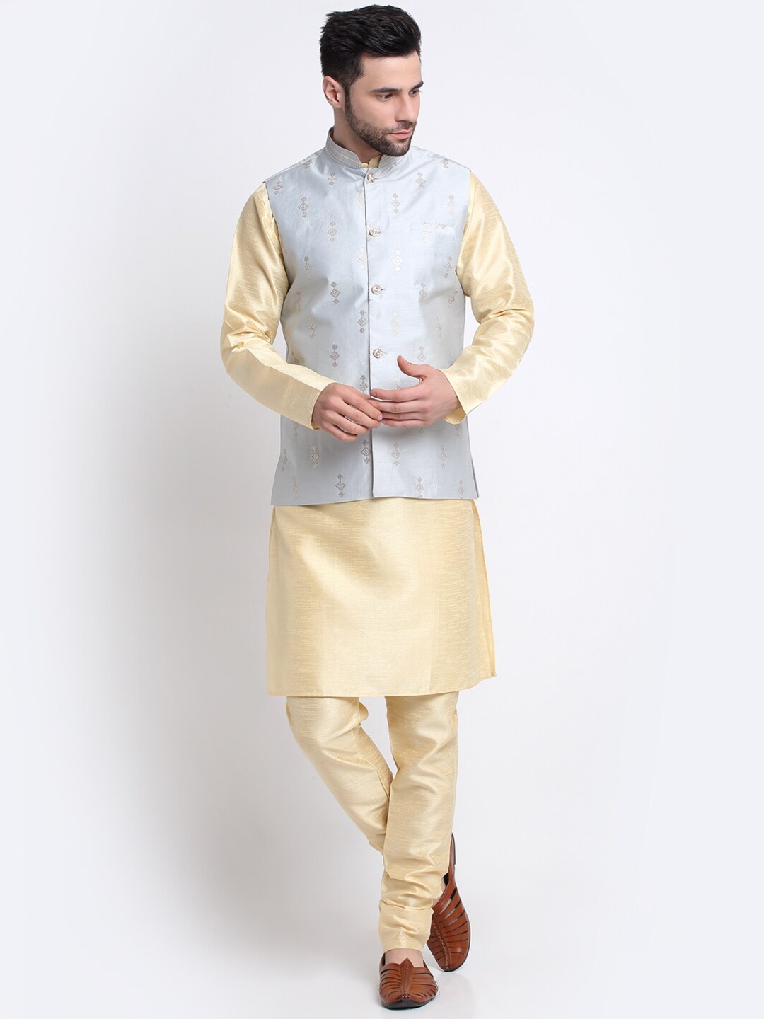 

KRAFT INDIA Mandarin Collar Kurta with Churidar & Nehru Jacket, Beige