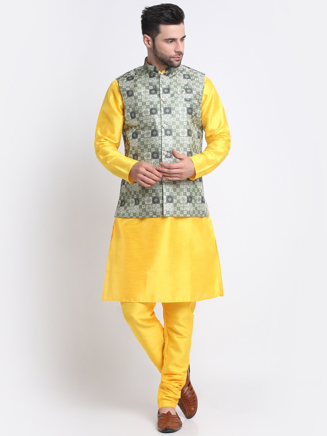 

KRAFT INDIA Mandarin Collar Kurta with Churidar & Nehru Jacket, Yellow