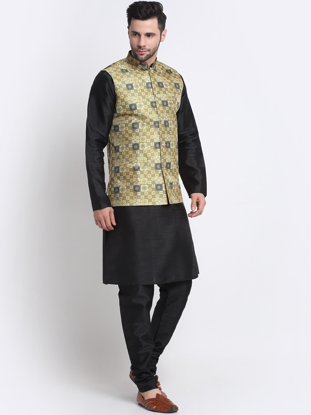 

KRAFT INDIA Mandarin Collar Kurta with Churidar & Nehru Jacket, Black