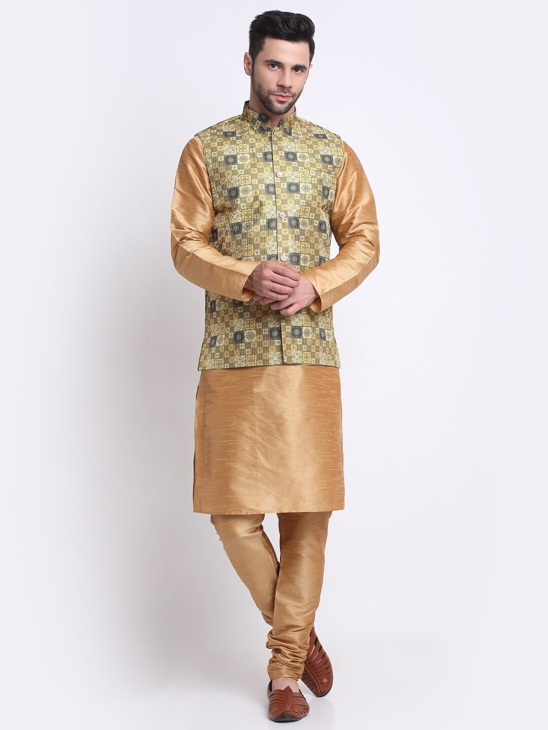 

KRAFT INDIA Mandarin Collar Kurta with Churidar & Nehru Jacket, Gold