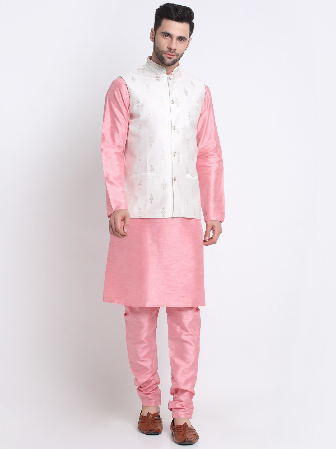 

KRAFT INDIA Mandarin Collar Kurta with Churidar & Nehru Jacket, Pink