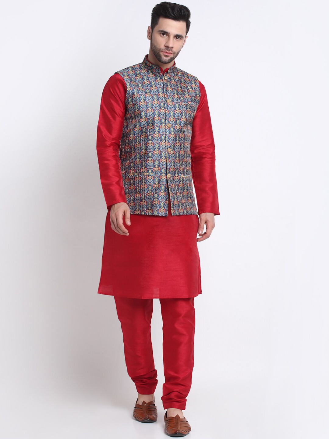 

KRAFT INDIA Mandarin Collar Kurta with Churidar & Nehru Jacket, Red