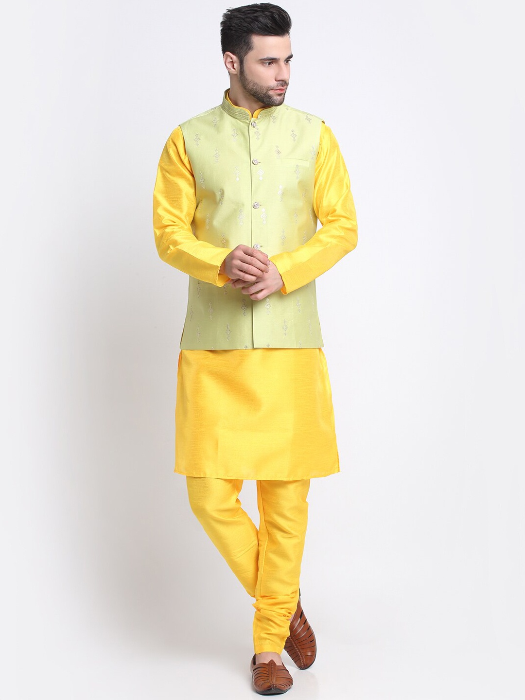 

KRAFT INDIA Mandarin Collar Kurta with Churidar & Nehru Jacket, Yellow