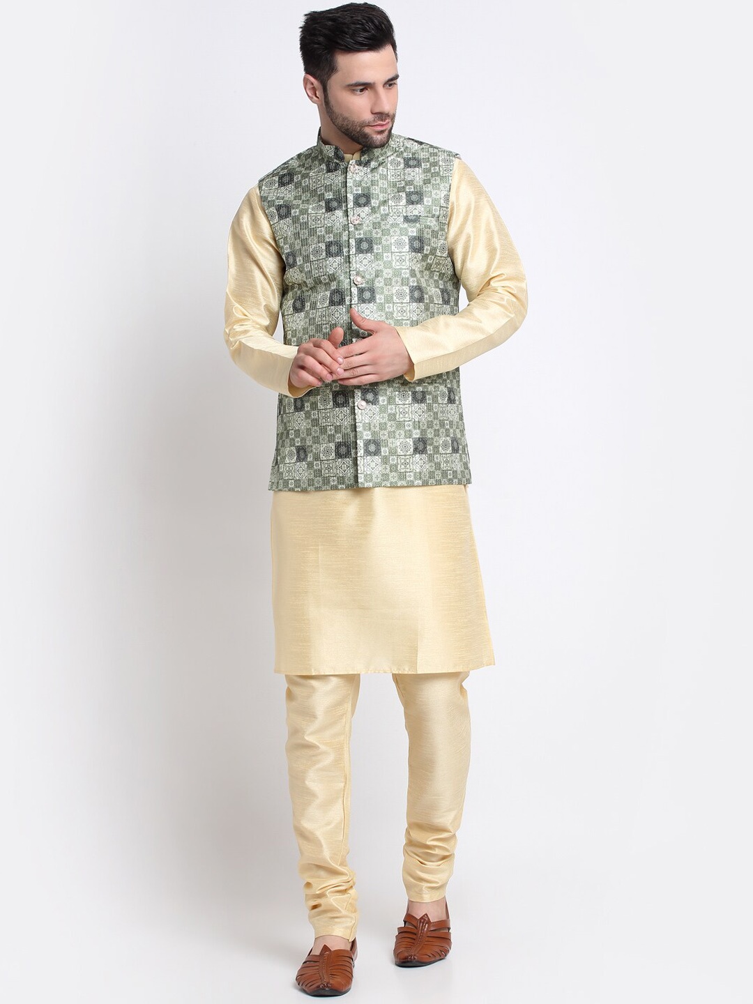 

KRAFT INDIA Mandarin Collar Kurta with Churidar & Nehru Jacket, Beige