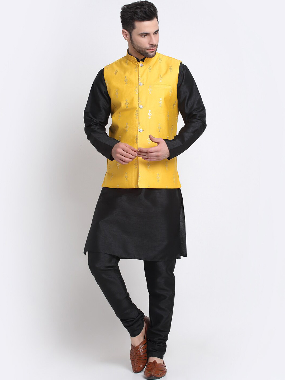 

KRAFT INDIA Mandarin Collar Kurta with Churidar & Nehru Jacket, Black