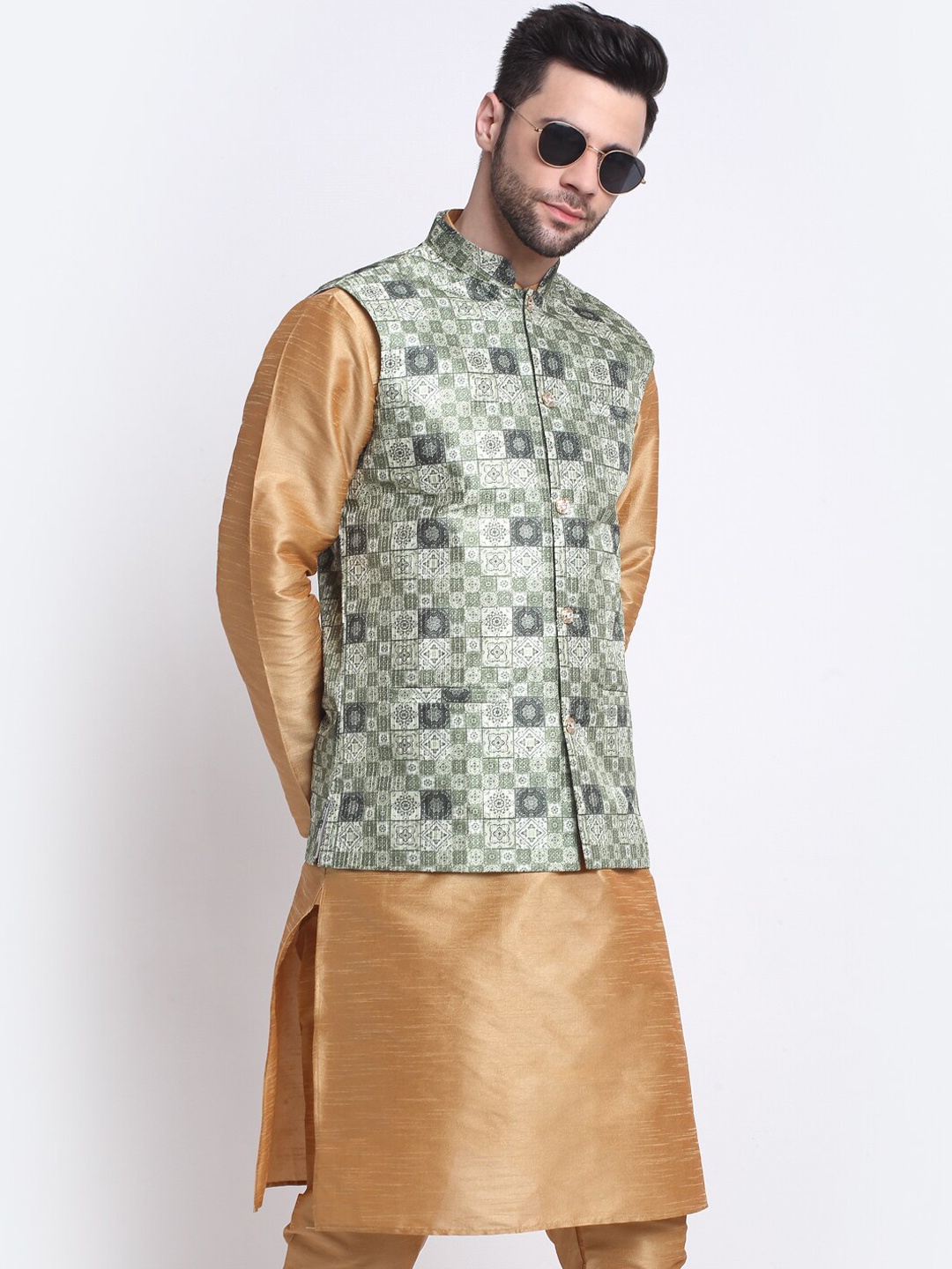 

KRAFT INDIA Mandarin Collar Kurta with Churidar & Nehru Jacket, Gold