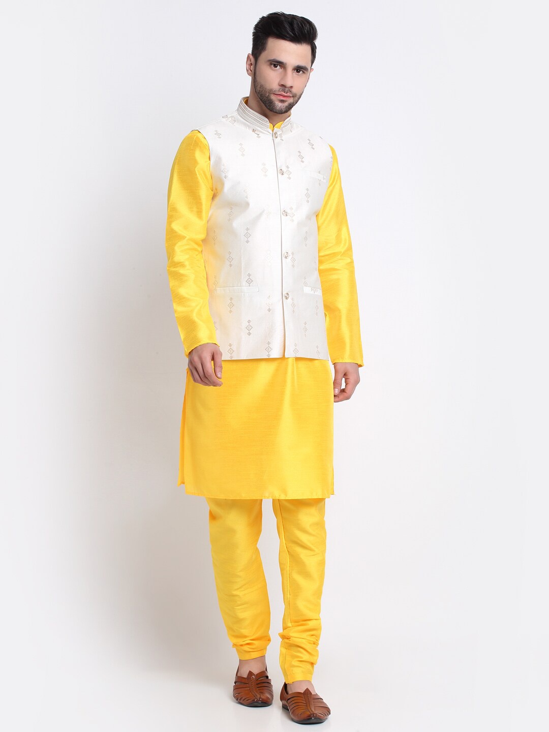 

KRAFT INDIA Mandarin Collar Kurta with Churidar & Nehru Jacket, Yellow