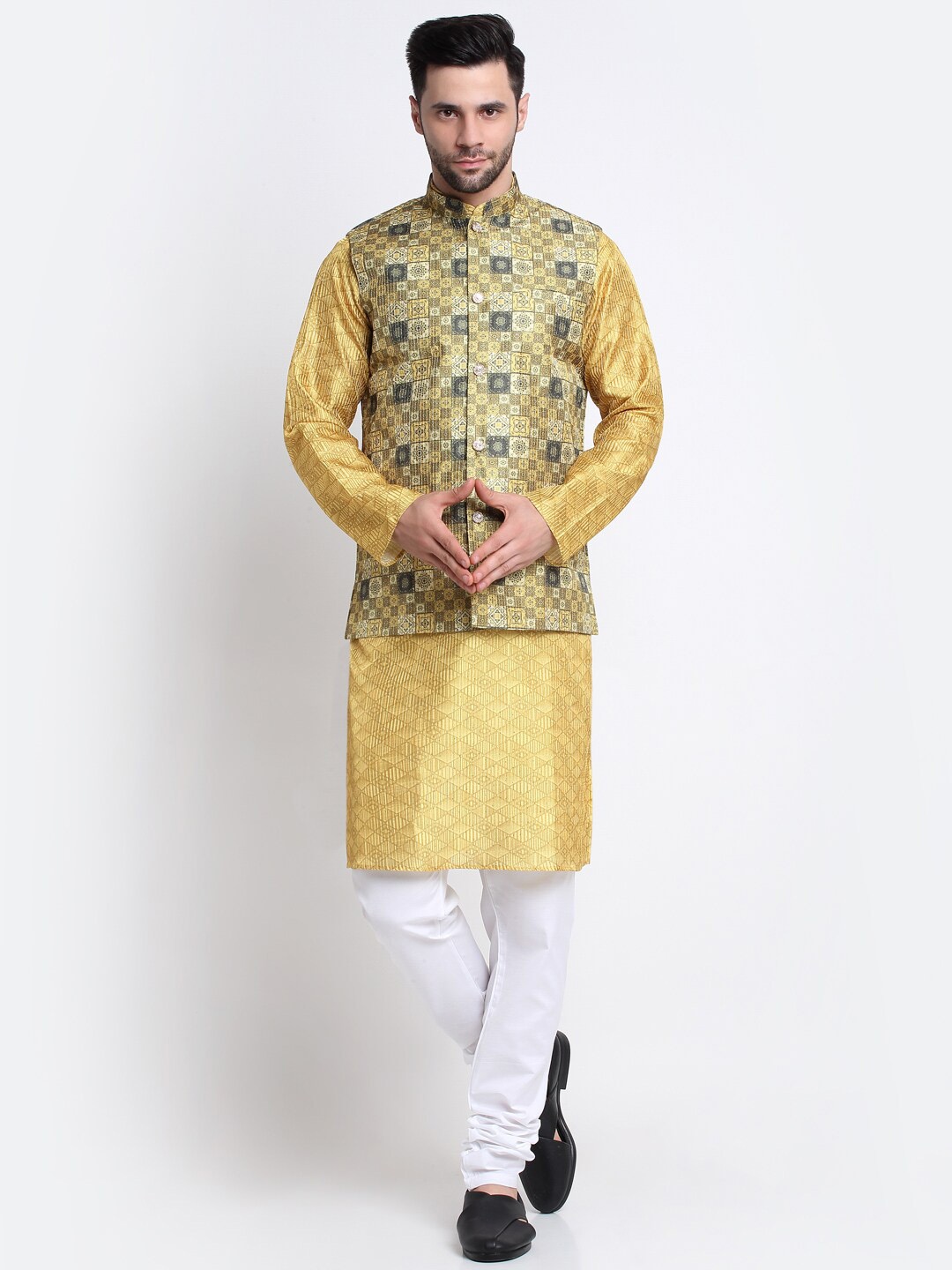 

KRAFT INDIA Mandarin Collar Woven Design Kurta with Churidar & Nehru Jacket, Yellow