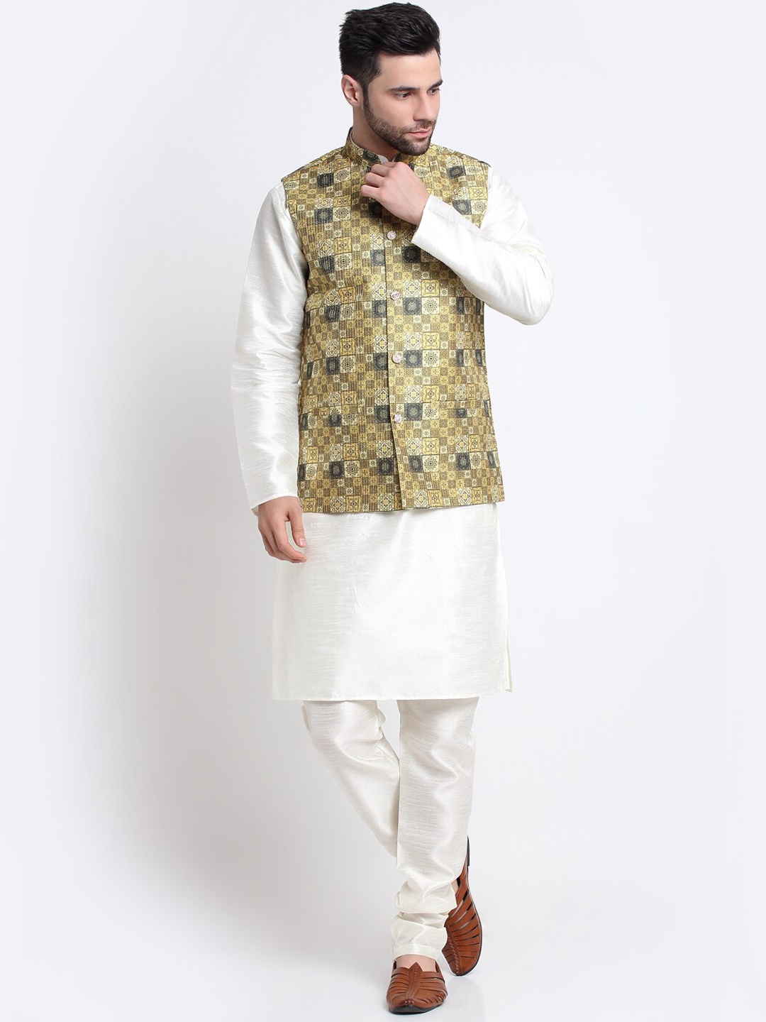 

KRAFT INDIA Mandarin Collar Kurta with Churidar & Nehru Jacket, White