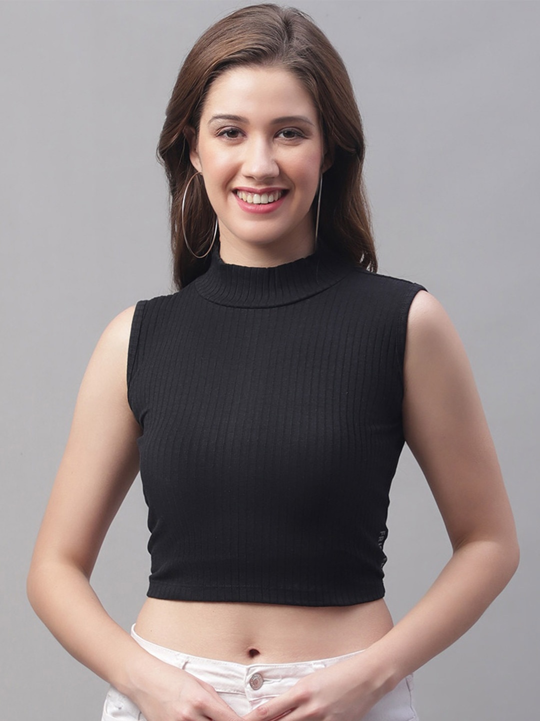 

Friskers Self Design High Neck Sleeveless Crop Top, Black