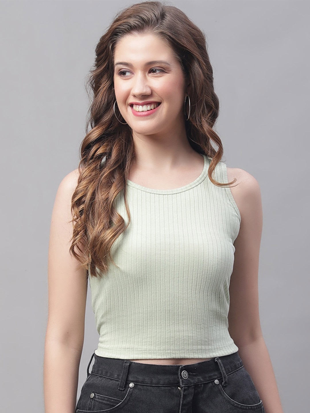 

Friskers Striped Round Neck Fitted Crop Top, Green