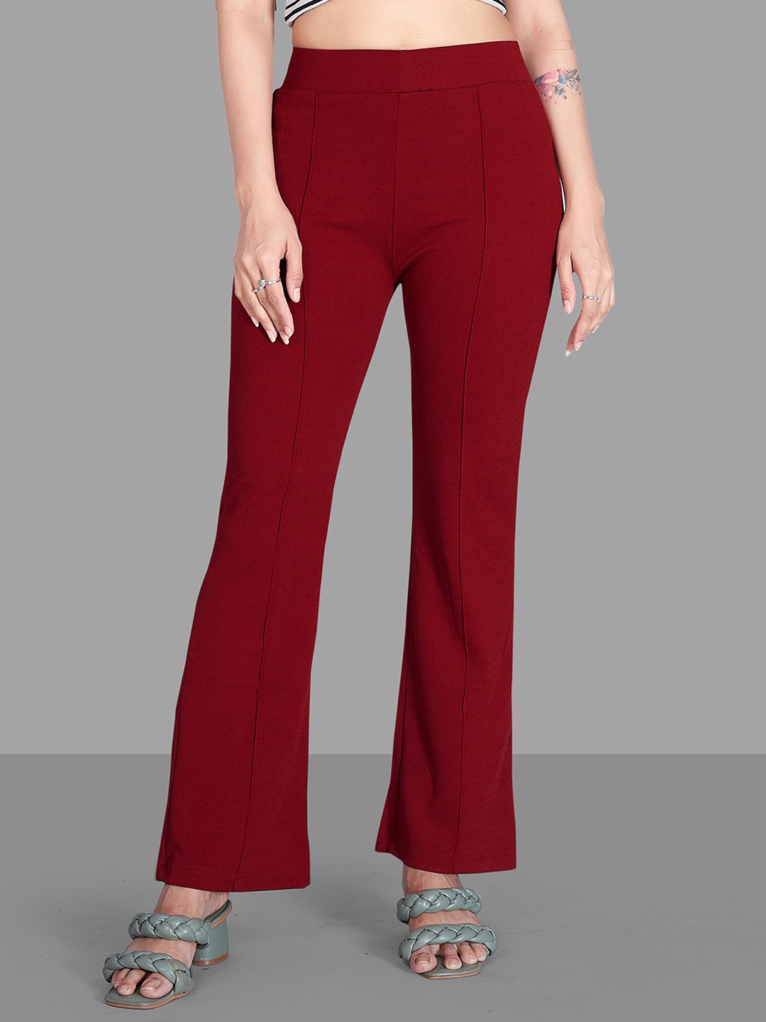 

Wuxi Women Relaxed Straight Leg High-Rise Easy Wash Bootcut Trousers, Maroon